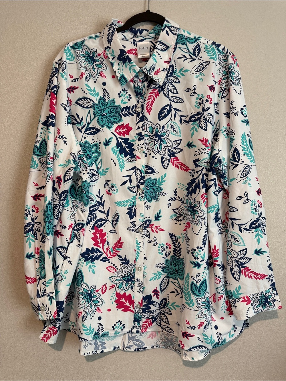 Blair Floral Button-Down Shirt in White, Teal & Navy with Pink Accents